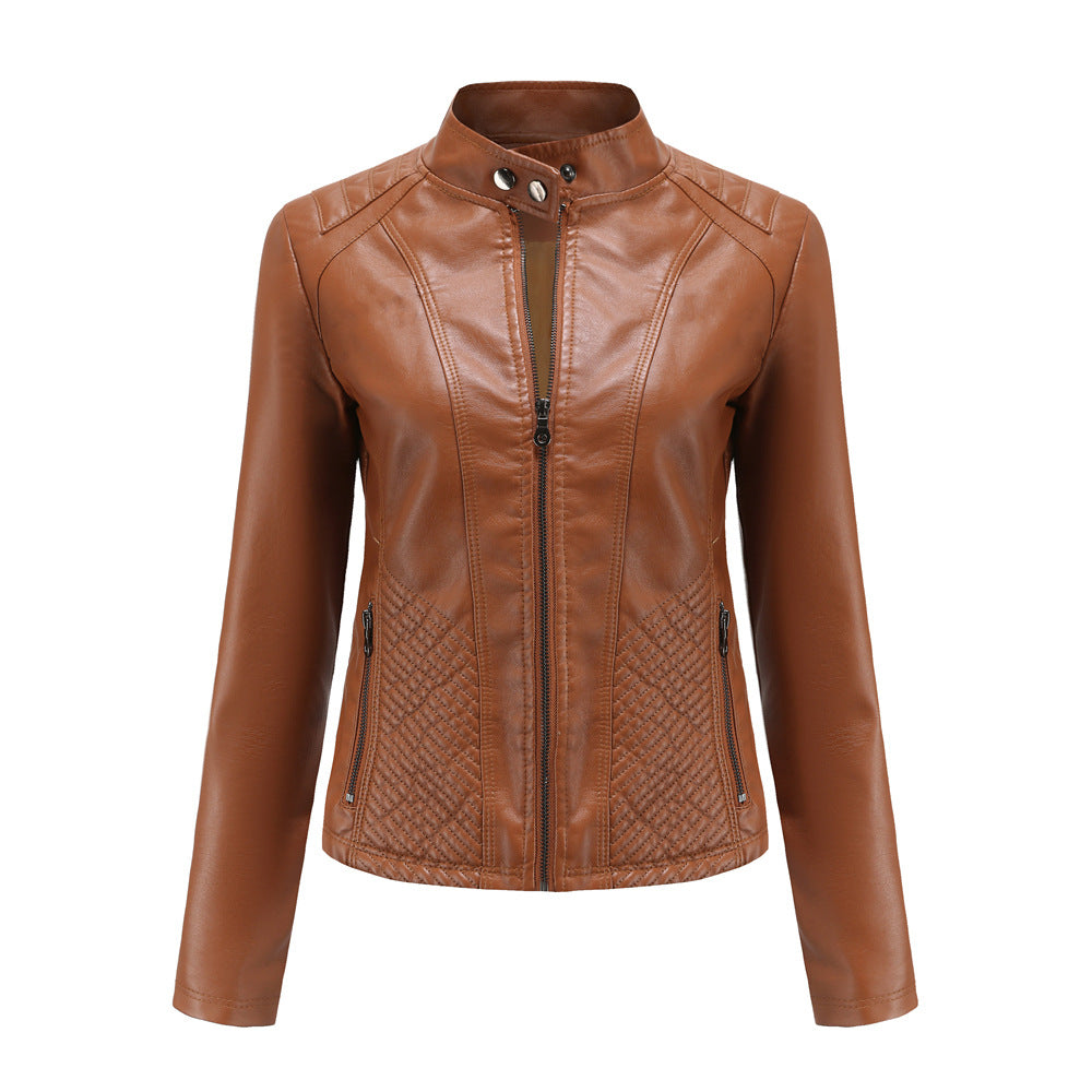 Women's casual leather stand collar jacket