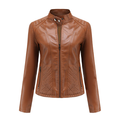 Women's casual leather stand collar jacket