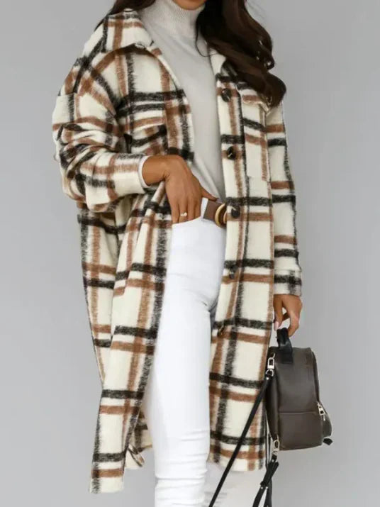 Women's checked single-breasted long sleeve coat