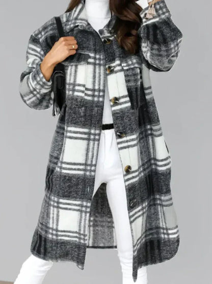 Women's checked single-breasted long sleeve coat