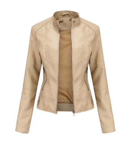 Women's pu leather jacket with zipper closure and stand collar