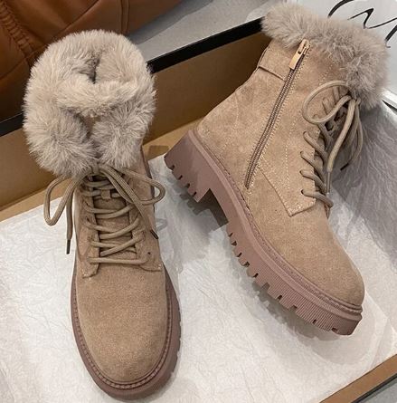 Women's winter suede boots with side zipper and fur integrated