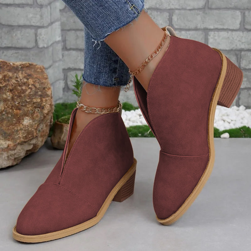 Stylish block heel ankle boots with side cutout for women