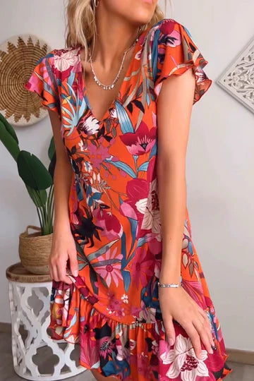 Floral Ruffle Sleeve Lightweight Tiered Dress