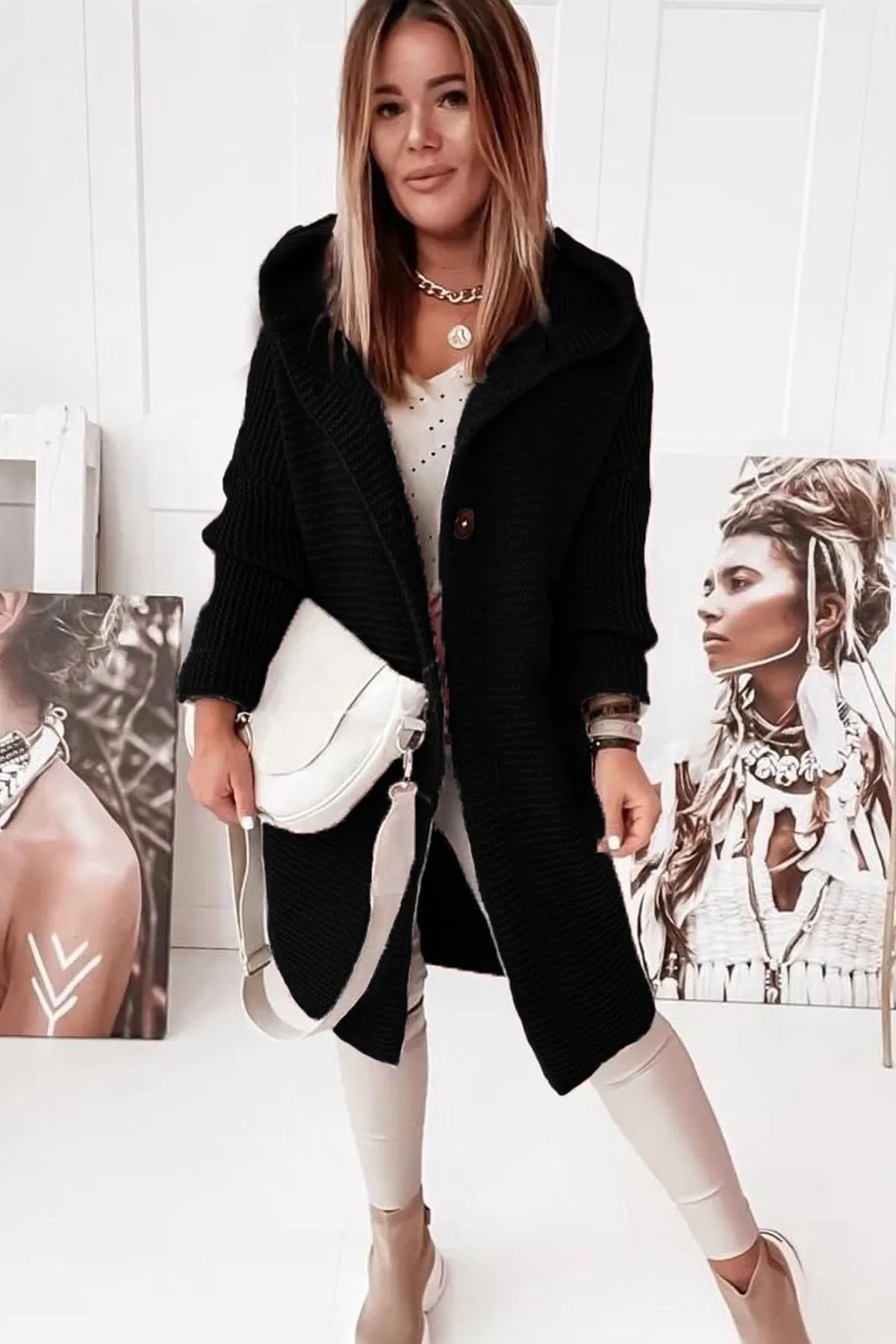 Women's Long Knitted Cardigan - Hooded - Single Button Closure - Relaxed Fit
