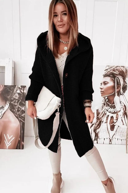 Women's Long Knitted Cardigan - Hooded - Single Button Closure - Relaxed Fit