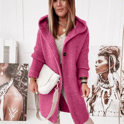 Women's Long Knitted Cardigan - Hooded - Single Button Closure - Relaxed Fit