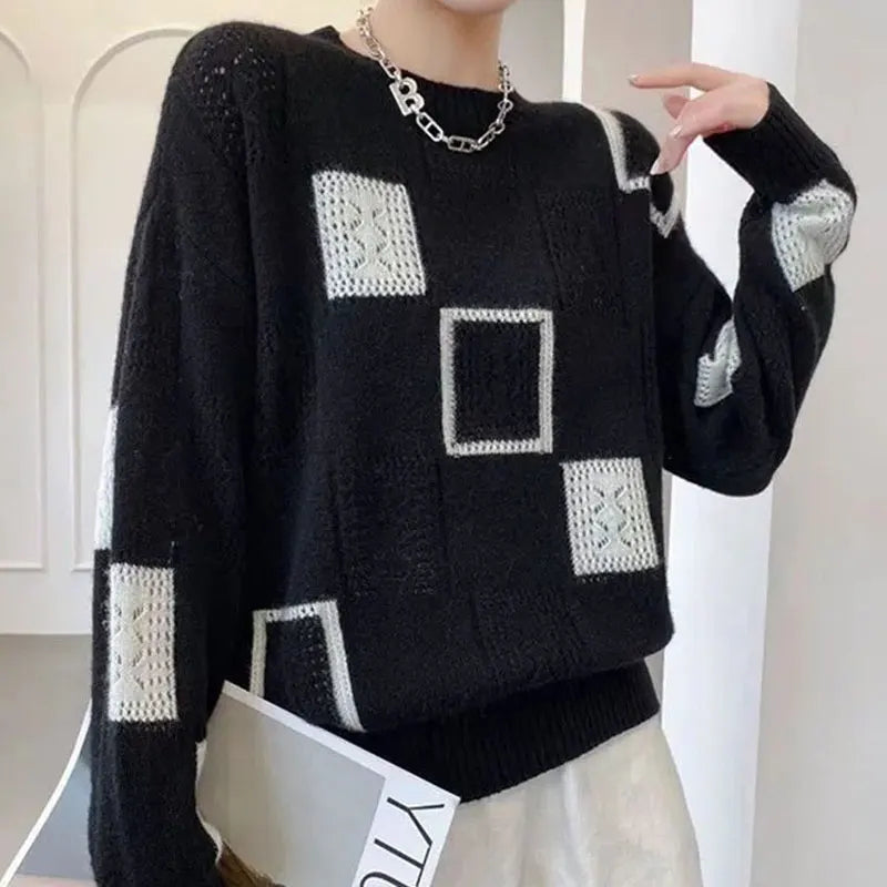 Color Block Mohair Crew Neck Sweater Top