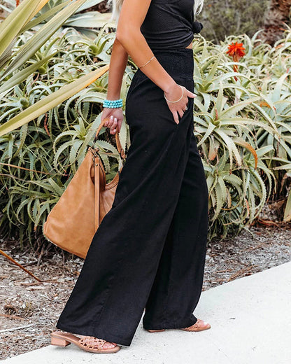 Women's Wide-Leg Pants - Elastic Waist - Flowy Lightweight Casual Wear