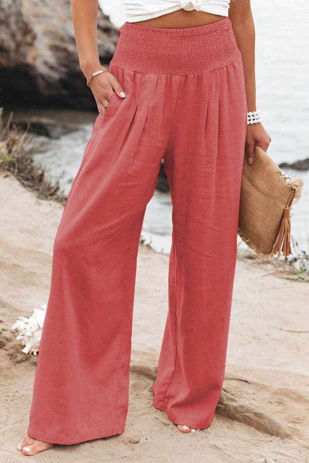 Women's Wide-Leg Pants - Elastic Waist - Flowy Lightweight Casual Wear