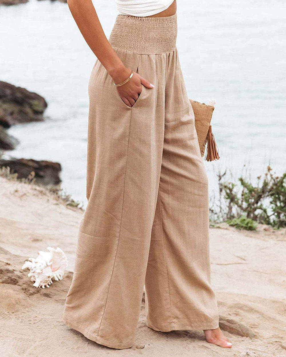 Women's Wide-Leg Pants - Elastic Waist - Flowy Lightweight Casual Wear