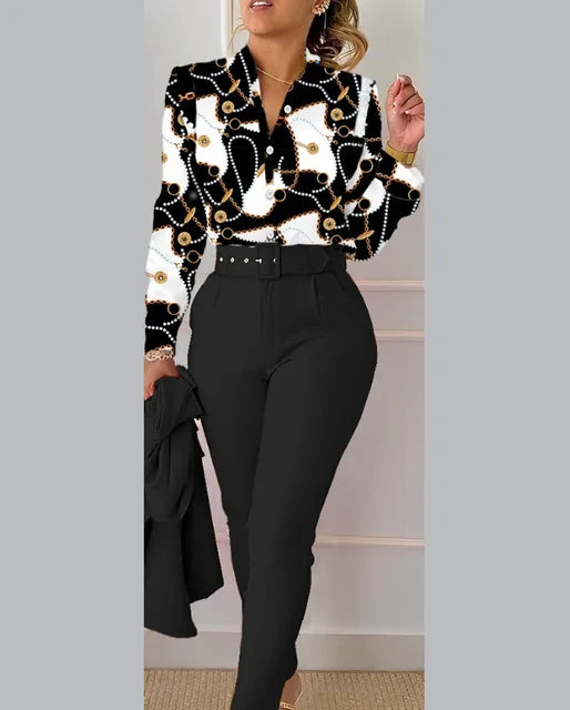 Women's long-sleeve printed shirt and belted pants suit set