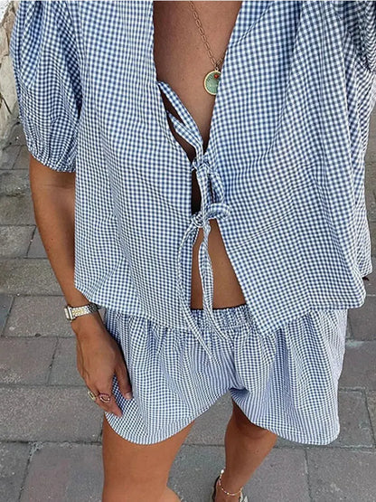 Laiza -  Loose V Neck Puff Sleeve Front Tie-Up Shirts+Elastic Waist Shorts set