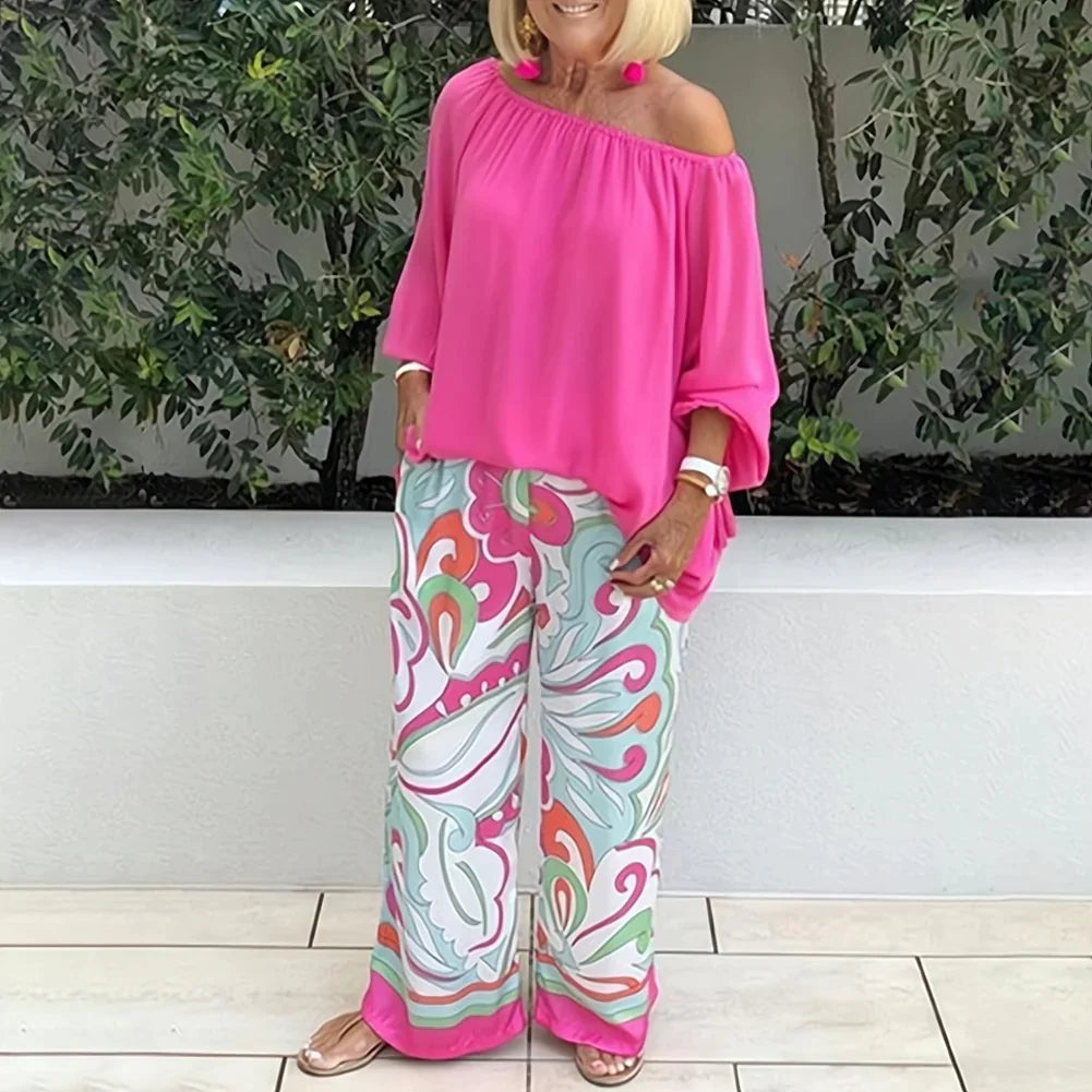 Women's casual printed pants and one-shoulder top set