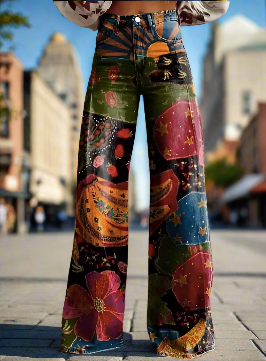 Women's floral print wide-leg jeans