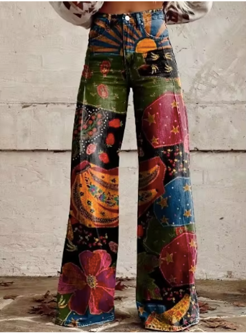 Women's floral print wide-leg jeans