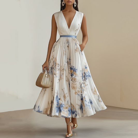 Luxury Fabric Pleated A-Line Midi Dress 