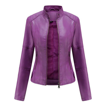 Women's pu leather jacket with zipper closure and stand collar