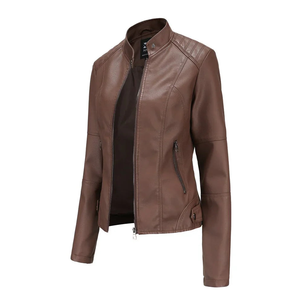 Women's pu leather jacket with zipper closure and stand collar