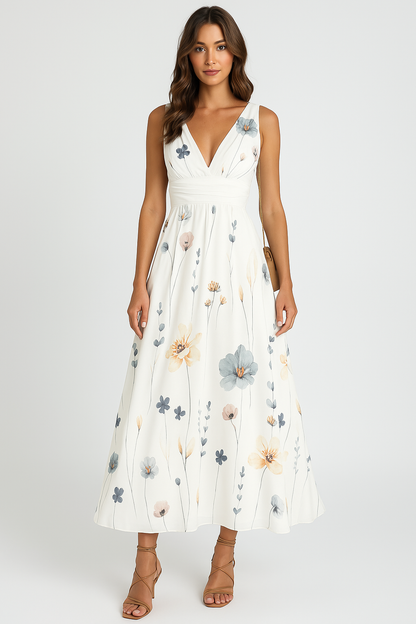 Women's Maxi Dress - Sleeveless Deep V-Neck - Floral Print - Flowy Lightweight Fit