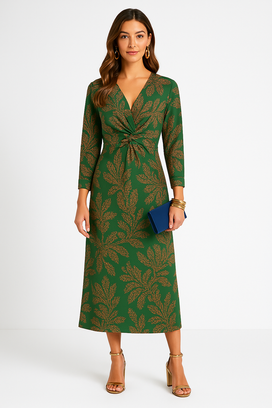 Form-Fitting V-Neck Midi Dress