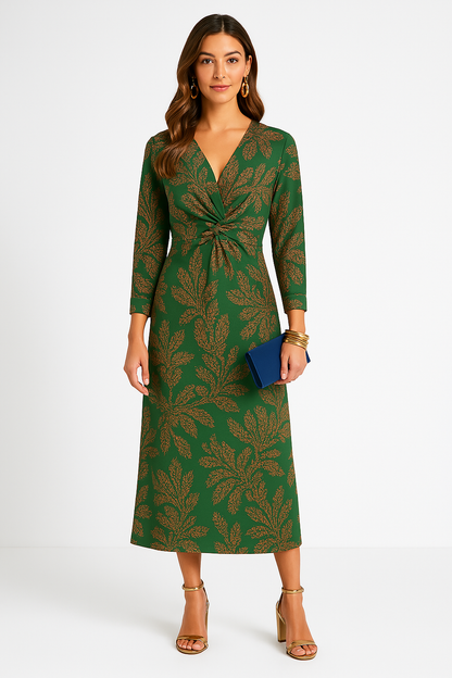 Women's Midi Dress - V-Neck - Long Sleeve - Form-Fitting Elegant Style