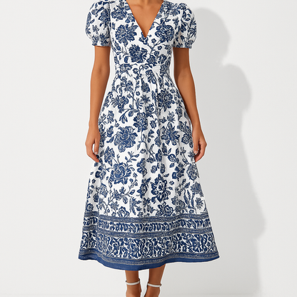 Women's Midi Dress - Floral Print - Puff Sleeve V-Neck - Cinched Waist A-Line