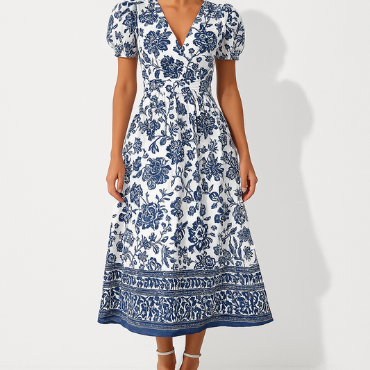Floral Print Cinched Waist Midi Dress