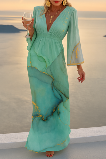 Women's Maxi Dress - Plunge V-Neck - Long Sleeve Flowing Silhouette - Elegant Print