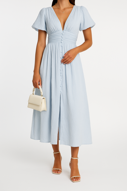 Women’s Maxi Dress – V-Neck – Puff Sleeves – Front Buttons – Breathable Blend – Flowy Fit