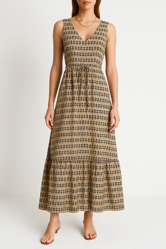 Bohemian Print Waist Tie Flowy Midi Dress