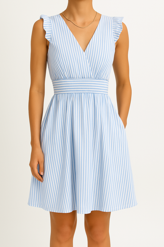 Stripe Print Cinched Waist Midi Dress