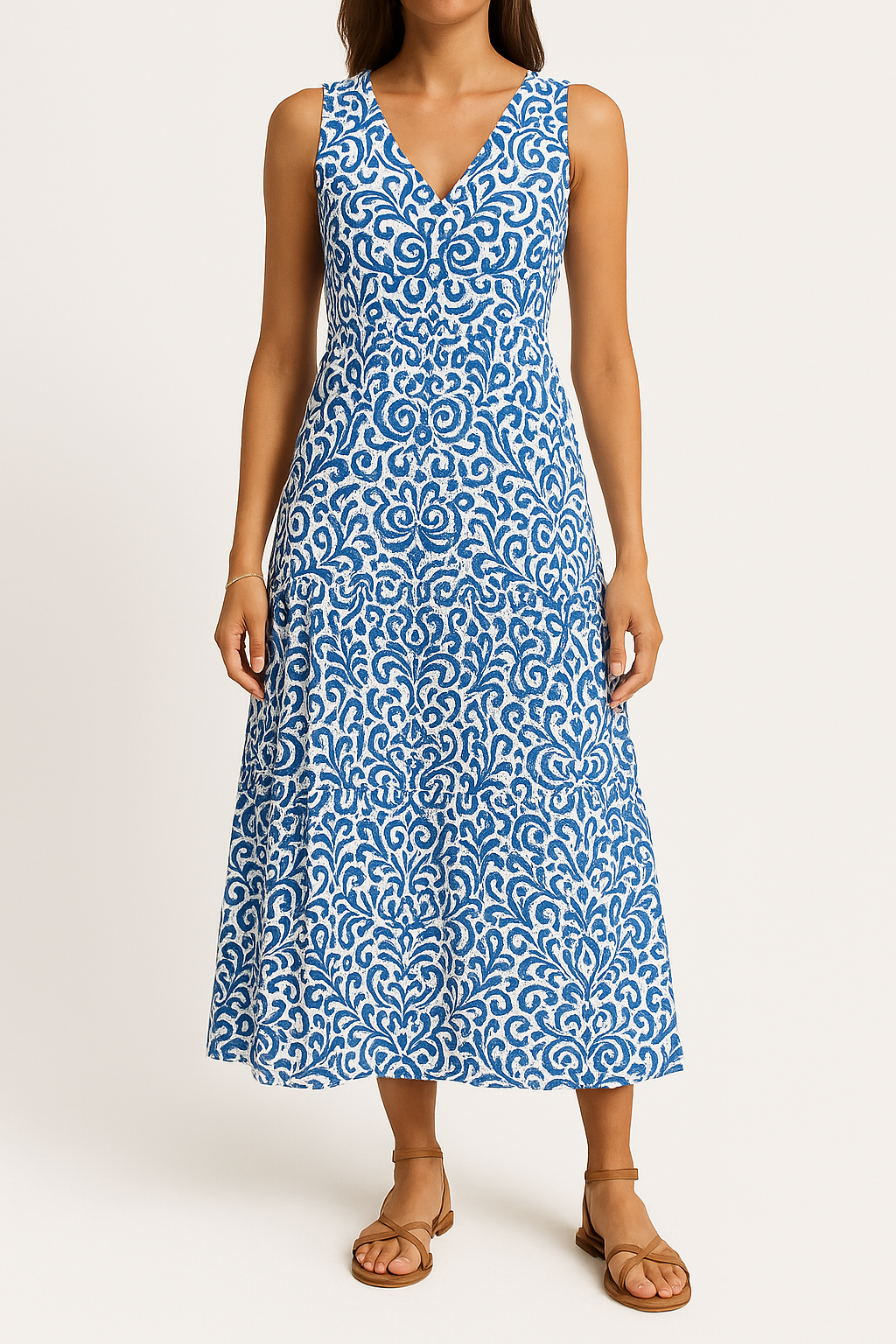 Women’s Midi Dress – V-Neck – Sleeveless – Relaxed Fit – Abstract Print – A-Line