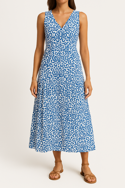 Women’s Midi Dress – V-Neck – Sleeveless – Relaxed Fit – Abstract Print – A-Line