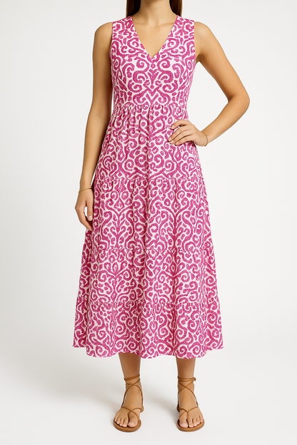 Women’s Midi Dress – V-Neck – Sleeveless – Relaxed Fit – Abstract Print – A-Line