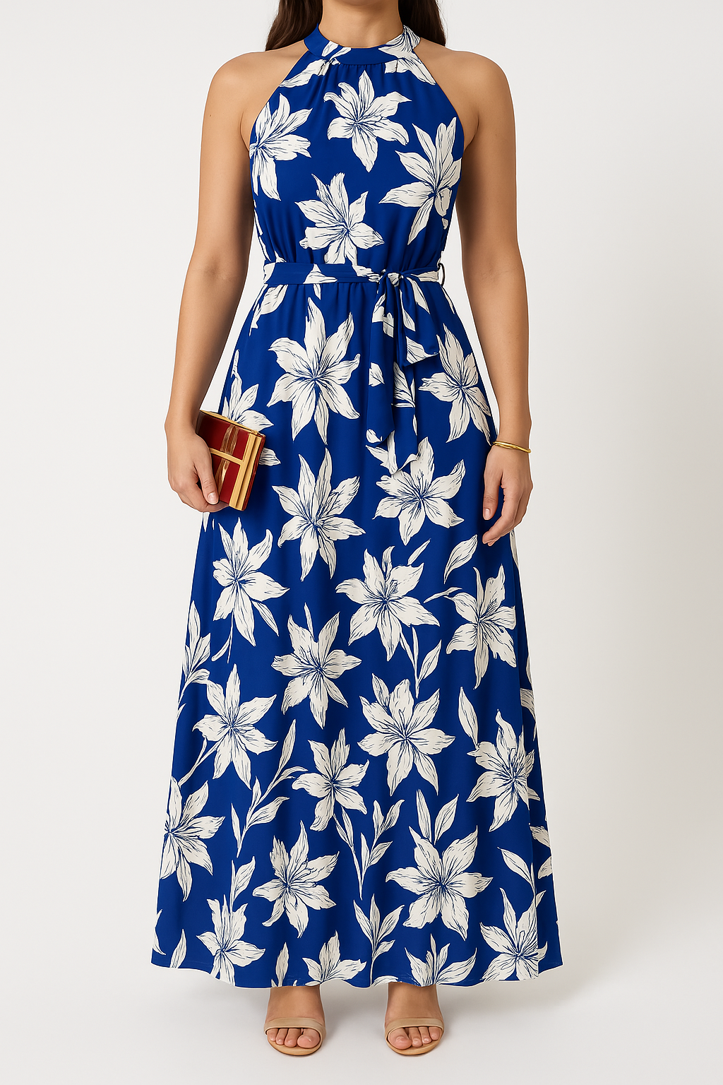 Women’s Halter Maxi Dress – Floral Print – Ruffled Hem – Waist Tie – Flowy Fit