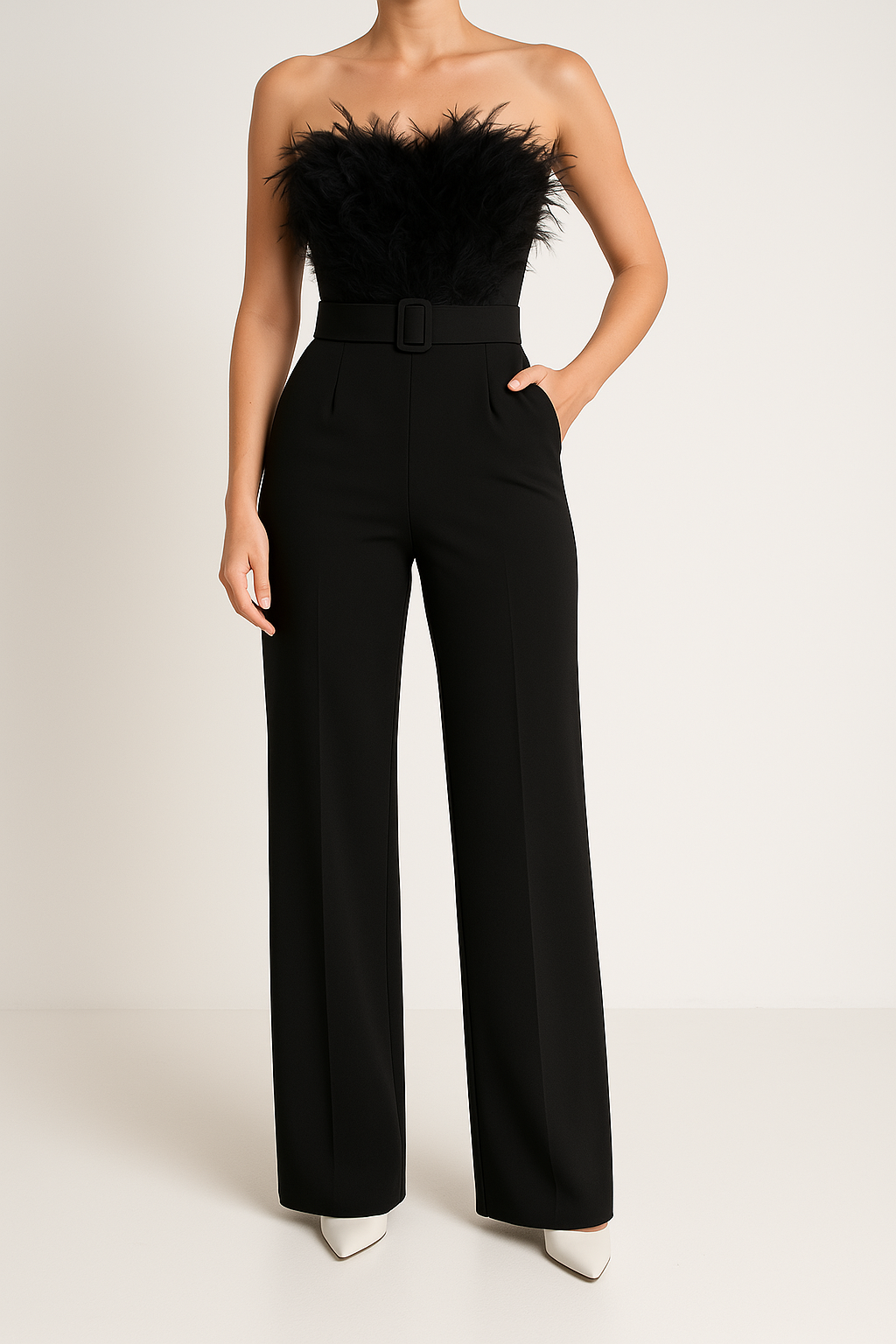 Women's Jumpsuit - Strapless Feather Bodice - Belted Waist - Wide Leg Elegant Fit