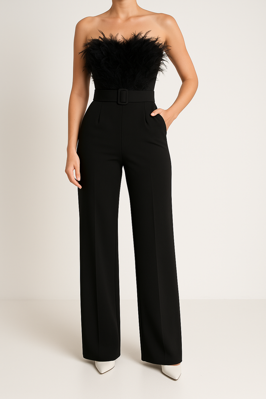 Feather Bodice Belted Wide Leg Jumpsuit