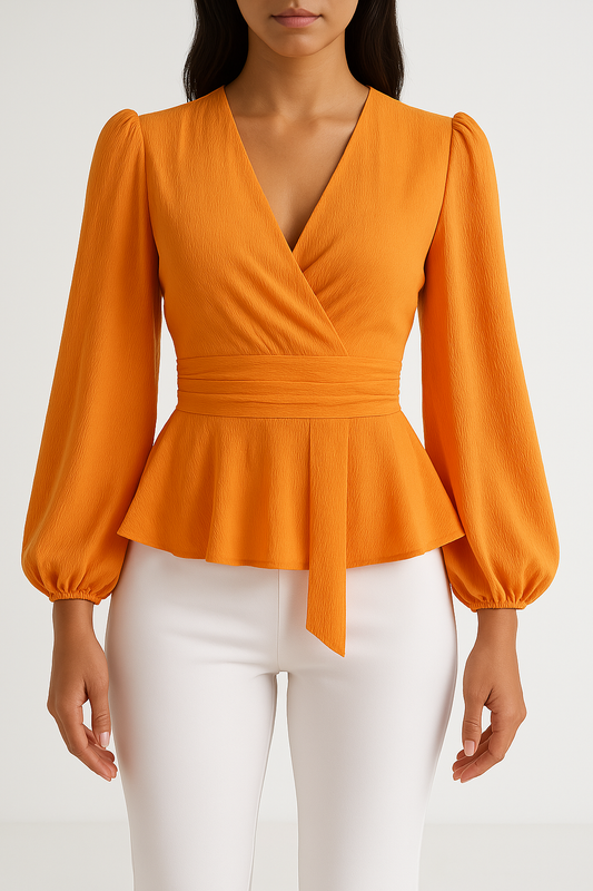 V-Neck Long-Sleeved Peplum Top