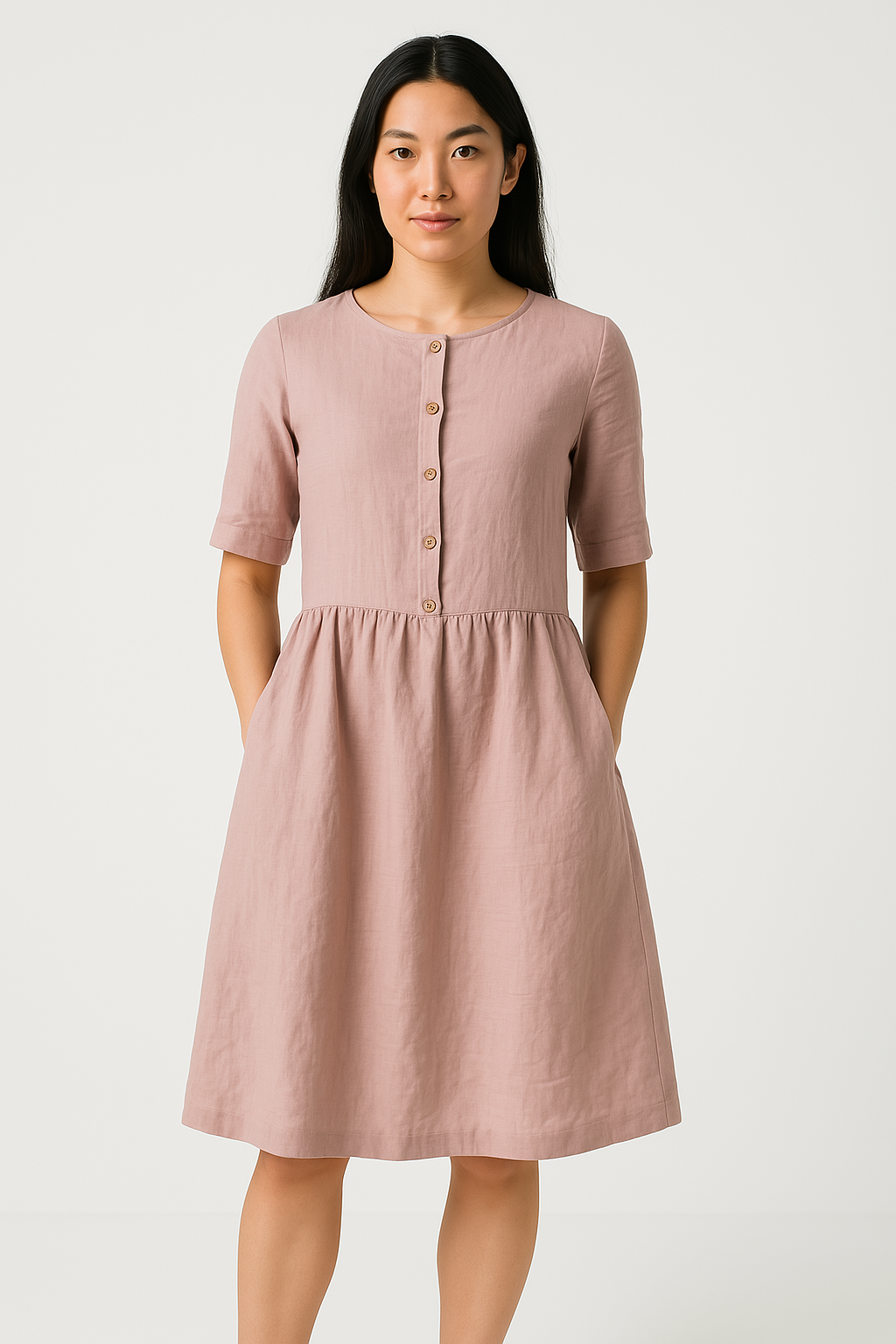 Women’s Midi Dress – Cotton Linen Blend – Relaxed Fit – Button Front with Pockets