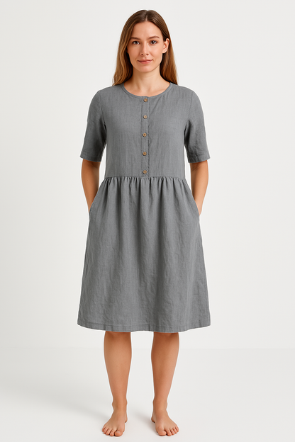 Women’s Midi Dress – Cotton Linen Blend – Relaxed Fit – Button Front with Pockets