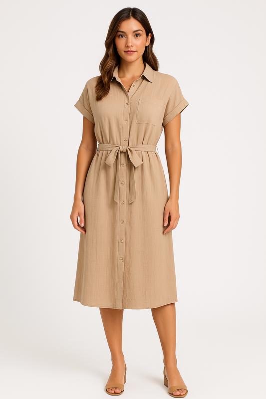 Tie Waist Cotton Blend Midi Shirt Dress