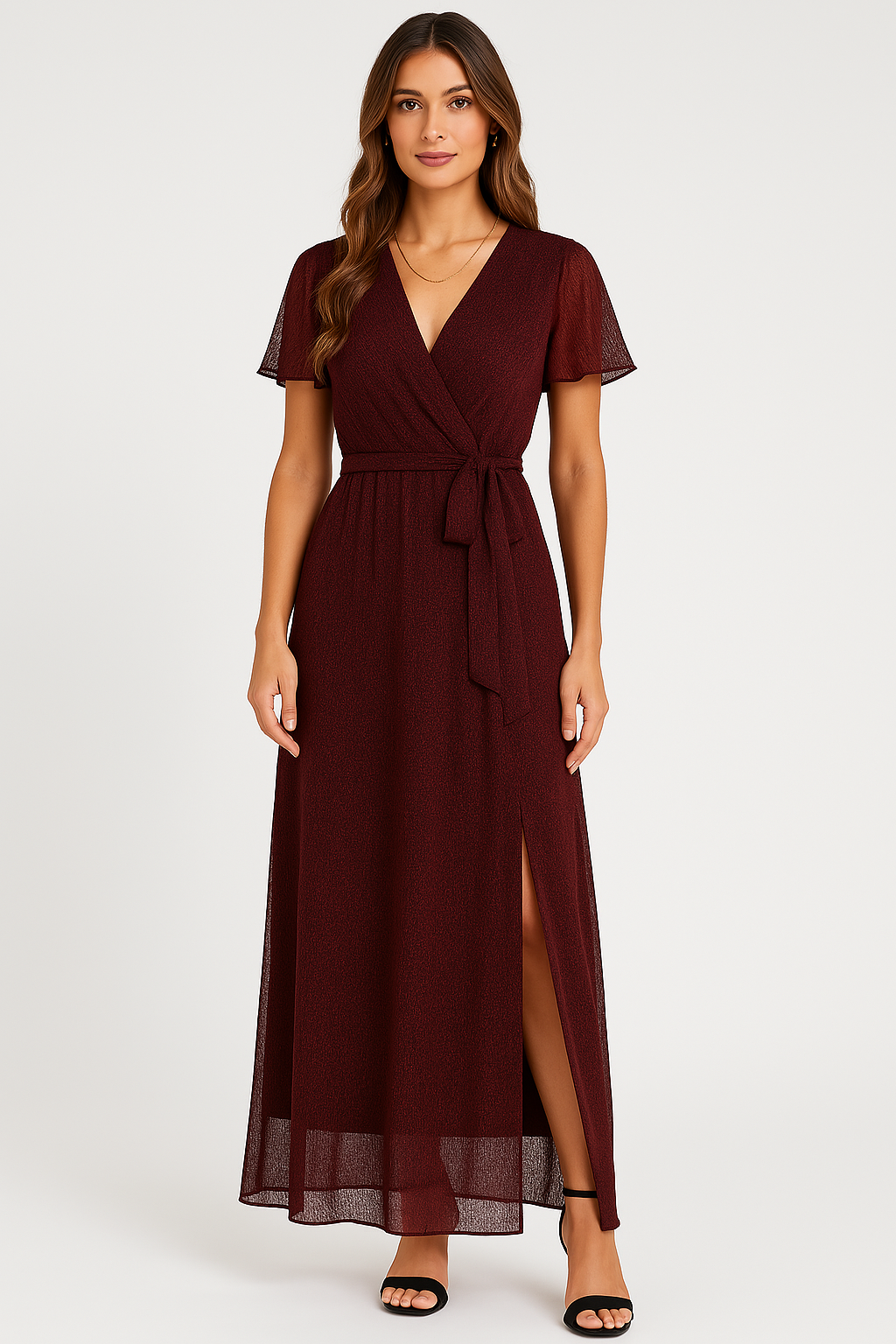 Wrap Tie Waist Flutter Sleeve Maxi Dress