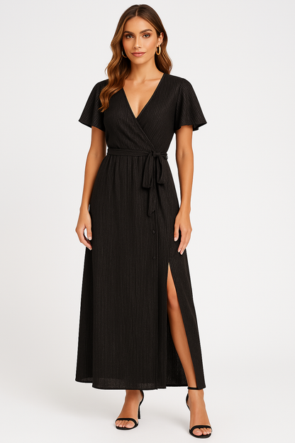 Women’s Maxi Dress – Wrap Style – V-Neck – Tie Waist – Flutter Sleeve – Side Slit