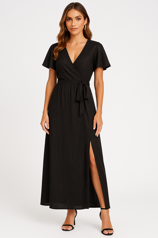 Wrap Tie Waist Flutter Sleeve Maxi Dress