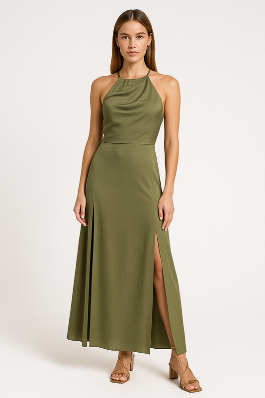 Silky Halter Neck Slim Fit Maxi Dress