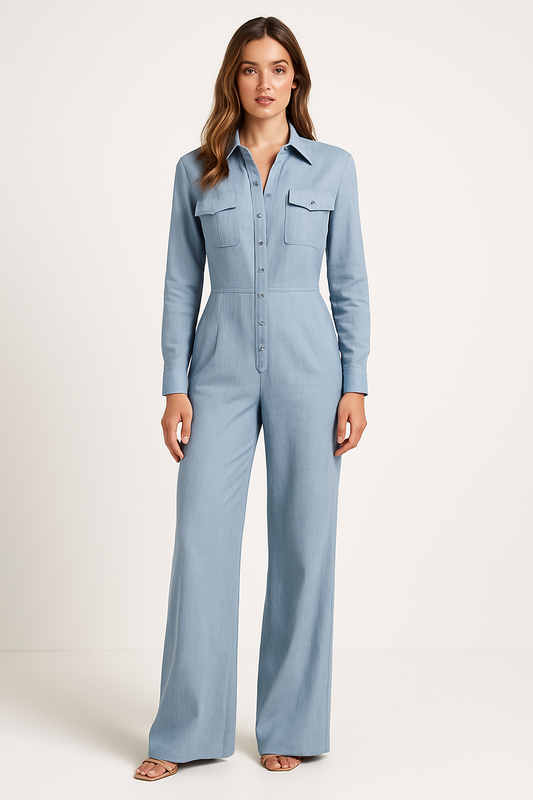 Tailored Wide Leg Cotton Blend Jumpsuit