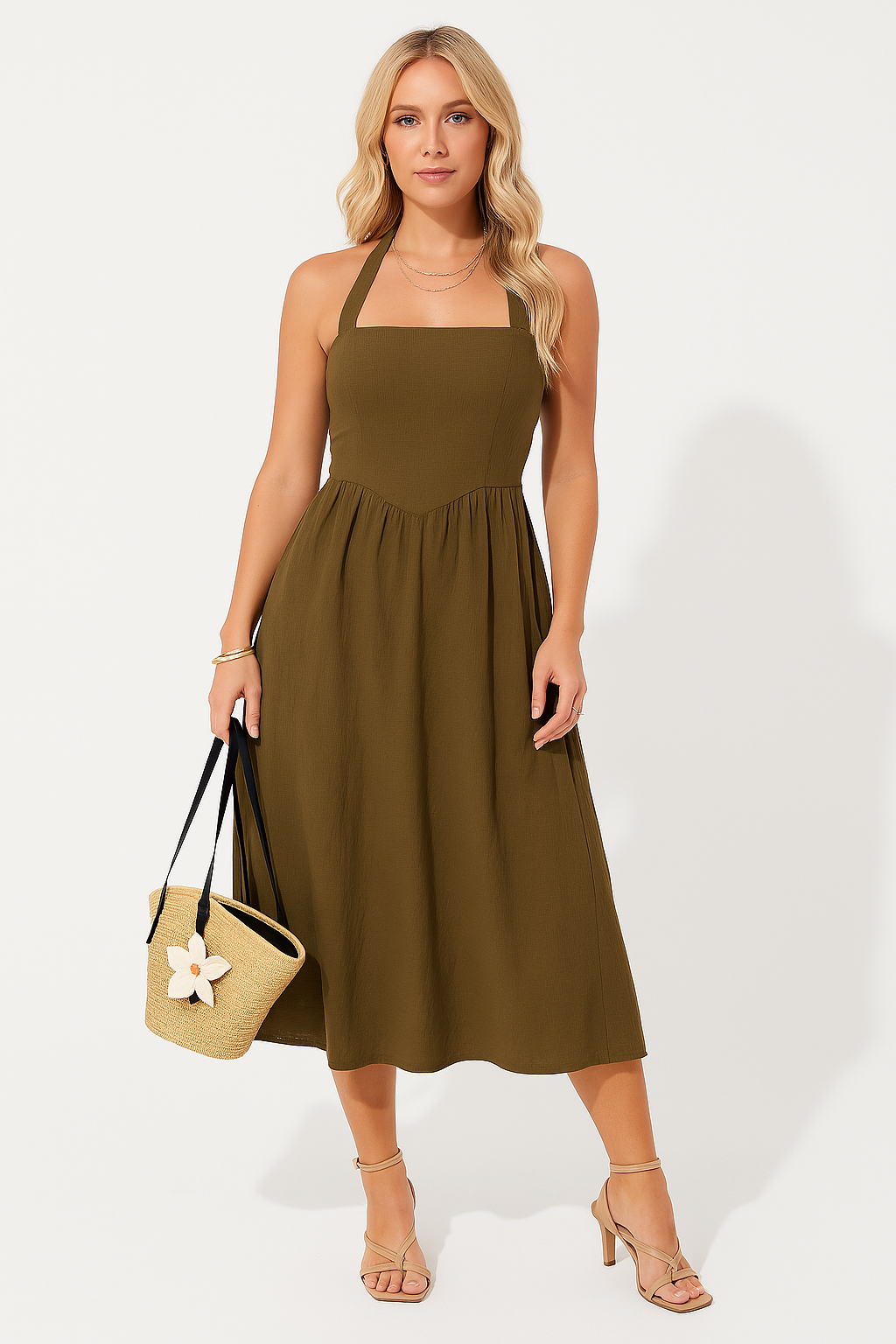 Women’s Halter Neck Dress – Cotton Linen Blend – Sleeveless A-Line – Midi Casual Fit