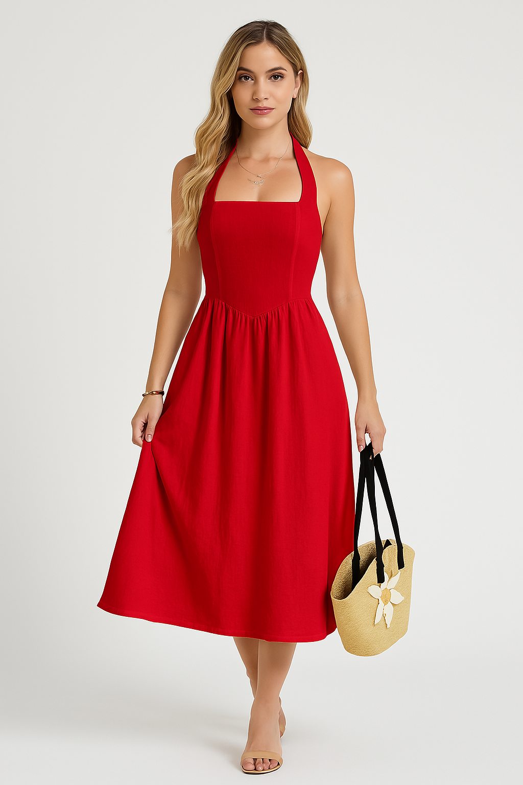 Women’s Halter Neck Dress – Cotton Linen Blend – Sleeveless A-Line – Midi Casual Fit