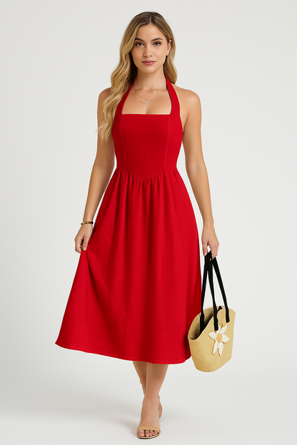 Women’s Halter Neck Dress – Cotton Linen Blend – Sleeveless A-Line – Midi Casual Fit